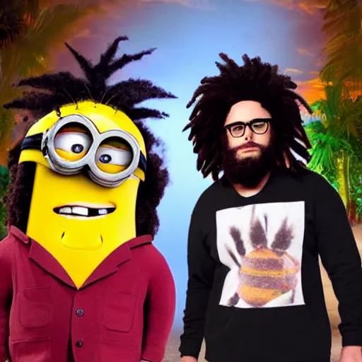 Prompt: seth rogan smoking weed with a minion dressed as bob marley