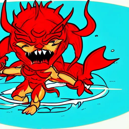 Prompt: full body drawing of a muscled horned Satan Devil , swimming tuxedo, red flames in background