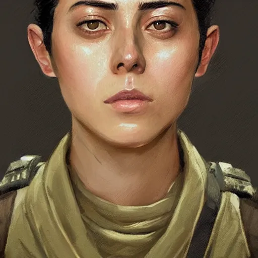 Prompt: portrait of a woman by greg rutkowski, she looks like rosa salazar with military short hair and shaved, impeccable military composure, wearing tactical gear of the galactic alliance, star wars expanded universe, she is about 2 0 years old, highly detailed portrait, digital painting, artstation, concept art, smooth, sharp foccus ilustration, artstation hq