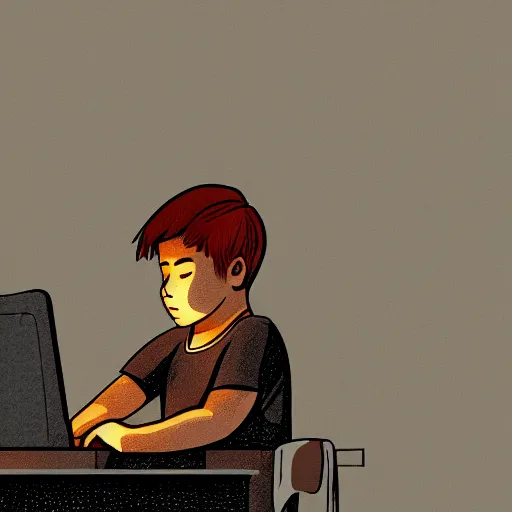 Image similar to illustration of a boy using his computer late night, low lights, dynamic lighting, strong shades, 4k