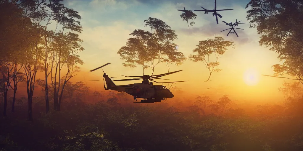 Image similar to Painting of vietnam Huey Helicopters, above a forest, orange sun set, abstract, realism, high details, glow, far, distance, over the horizon, drawn, 8k, octane render, extreme details, uniform, in sync, 3D model