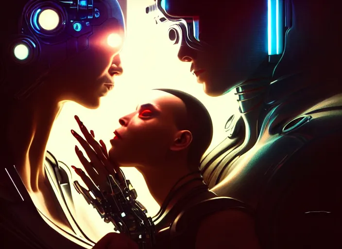 Image similar to cyberpunk, sci - fi, fantasy, hyper realistic ultra realistic medium shot of a couple of cyborgs kissing, lovers, artstation, soft light, volumetric lighting, night, intricate, highly detailed, digital painting, concept art, smooth, sharp focus, illustration, art by artgerm and greg rutkowski and alphonse mucha