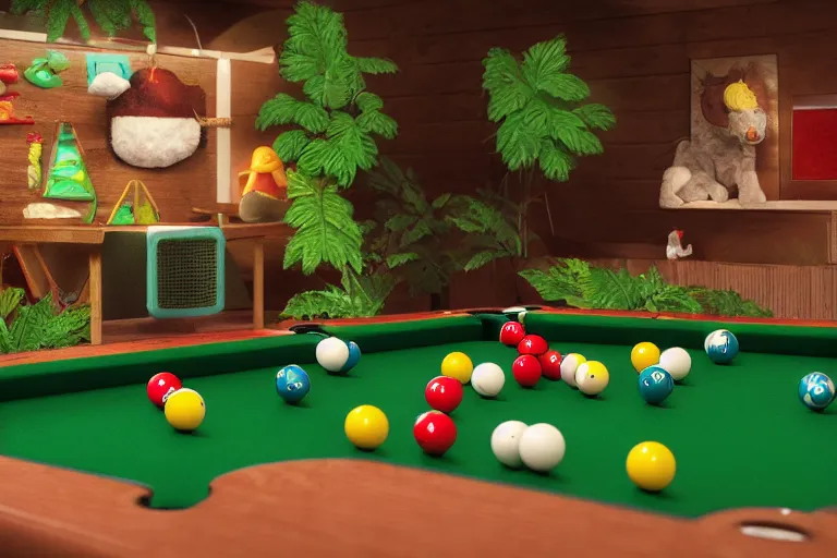 Image similar to fisher price pool table snowy jungle, octane render 85mm