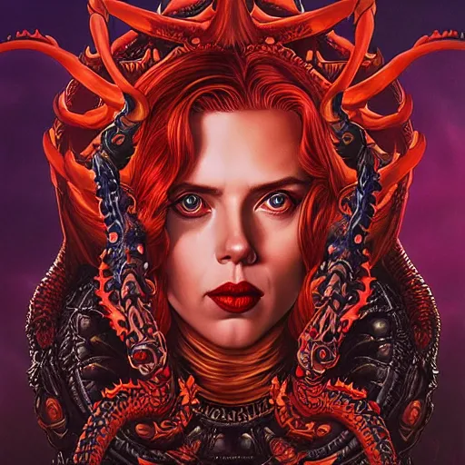 Image similar to demonic hell doom portrait of scarlett johansson as queen of hell, fire and flame, big long hell serpent dragon octopus, Pixar style, by Tristan Eaton Stanley Artgerm and Tom Bagshaw.