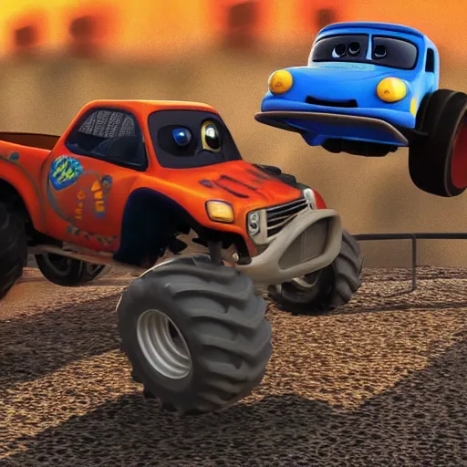 Image similar to A pug!! fighting a monster truck, pixar style