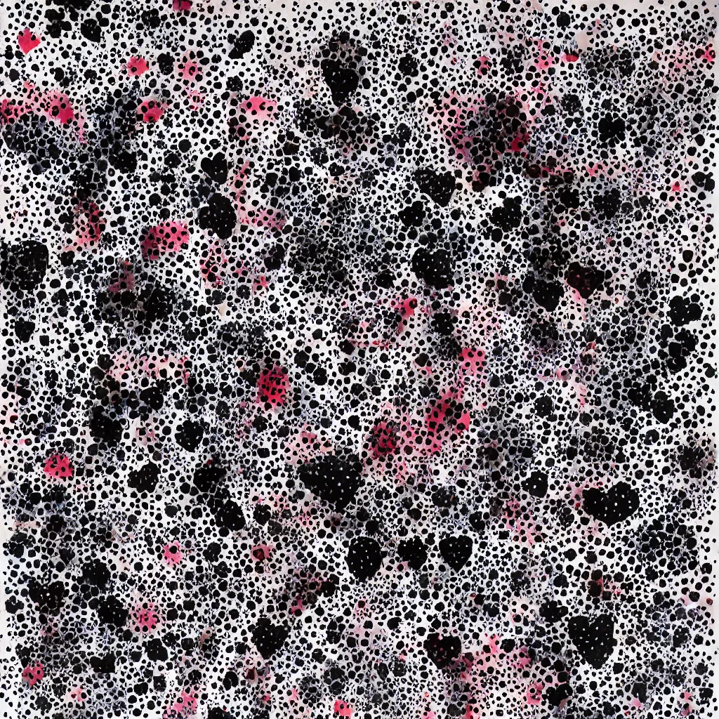 Image similar to camo made of hearts, smiling, abstract, rei kawakubo artwork, cryptic, dots, stipple, lines, splotch, color tearing, pitch bending, color splotches, dark, ominous, eerie, minimal, points, technical, old painting