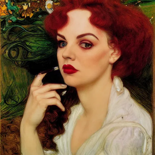 Image similar to portrait of a hybrid of judy garland and lady gaga with marfan syndrome, full lips, downward slanting eyes, with a brown fringe, holman hunt, john william waterhouse, kilian eng, rosetti, john everett millais, william holman hunt, 4 k