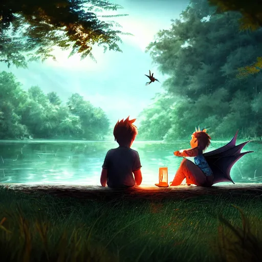 Image similar to a silver dragon and a boy sitting together next to a lake watching firefly at night in forest, concept art, dof, cryengine, digital art, detailed background, makoto shinkai