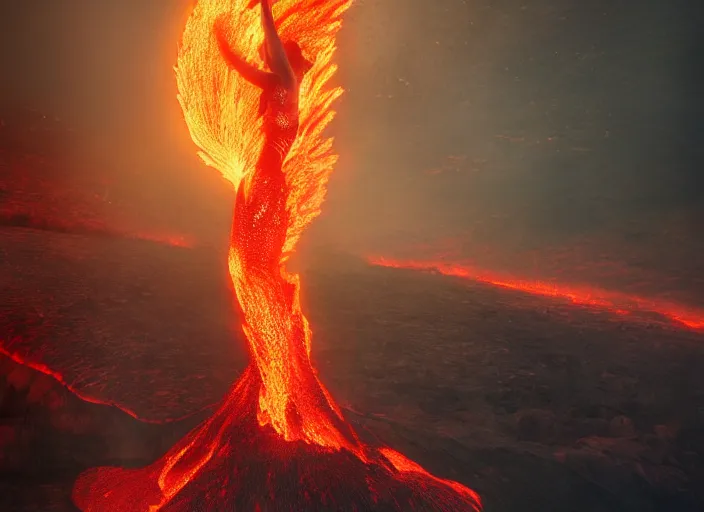 Image similar to still from a feature film avatar, goddess pele rising from a volcanoe spewing lava glowing, in style of wayne barlow, karol bak, nature futurism, pagan occultism, mystical colors, rim light, beautiful lighting, 8 k, stunning scene, raytracing, : : anamorphic lens, hyper - real, : : 8 k