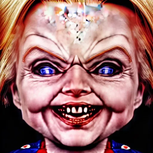 Image similar to a detailed portrait of hillary clinton fused with chucky from childsplay, by artgerm, high details