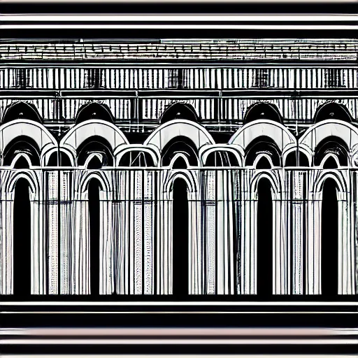 Image similar to design pattern of aqueducts, black and white color, digital, procreate, horizontal, multilayer, minimalism