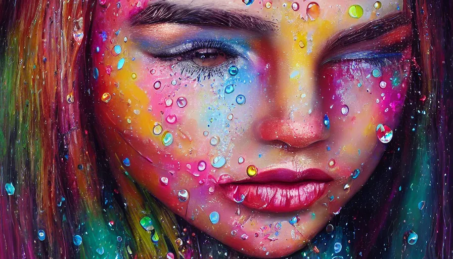 Image similar to sweet dreams, front female face, painting on canvas, watedrops, water droplets, acrylic painting, acrylic pouring, painting, influencer, artstation - h 8 0 0