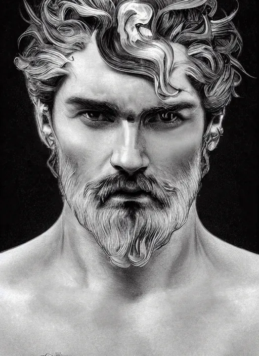 Prompt: the god hephaestus, gigachad, ash hair, glowing eyes, volumetric lights, black and white scheme, art nouveau botanicals, gothic, intricate, highly detailed, digital painting, artstation, concept art, smooth, sharp focus, symmetric face, illustration, art by artgerm and greg rutkowski and alphonse mucha