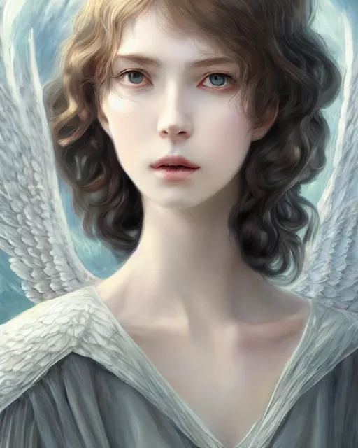 Image similar to an infinitely detailed portrait of a frail and pale female peace angel elegantly. fully - clothed full - body, beautiful! scenery art!! coherent! by wlop & murata, victorian color palette, artstation / pixiv!! highly elegantly armored angel portrait full - body, dreamy art