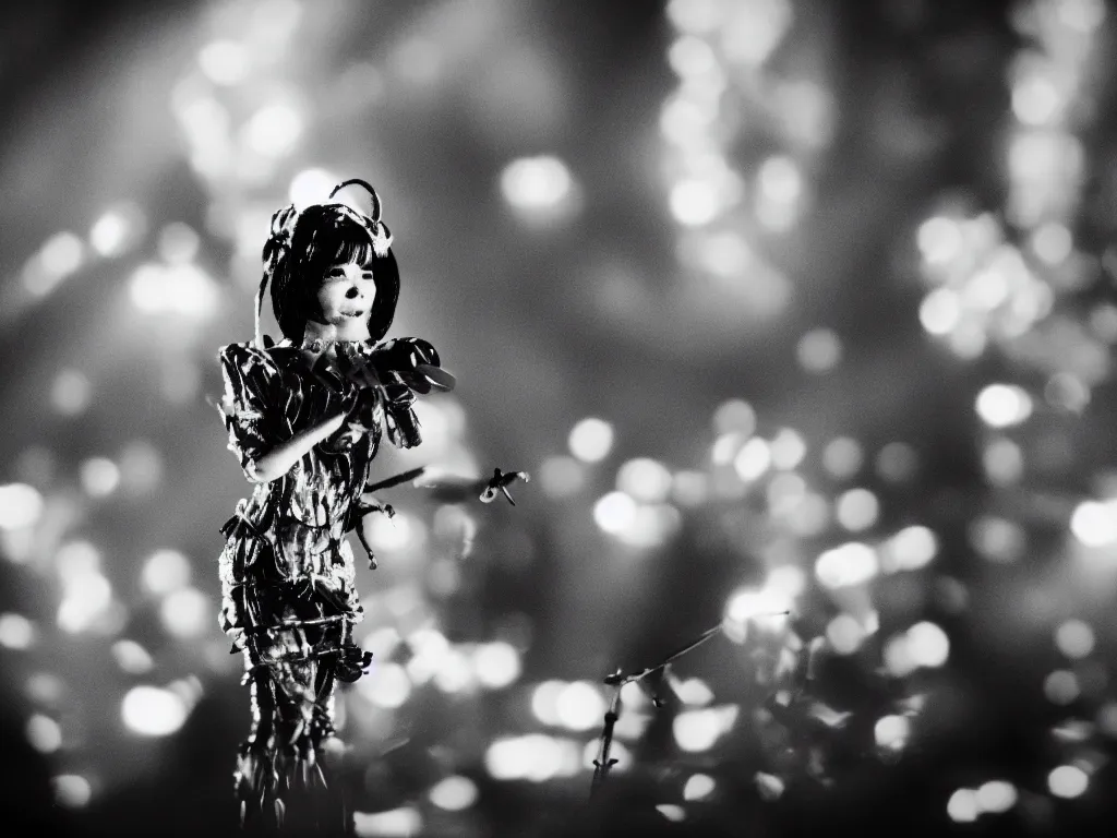 Image similar to a cinematic film still of a claymation stop motion film, bjork in concert, shallow depth of field, 8 0 mm, f 1. 8