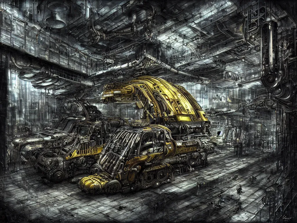 Image similar to a complicated bulldozer inside a parking garage, biomechanical, biopunk, dark, gloomy, hazy, spotlights, oil spills, art by HR Giger, digital art