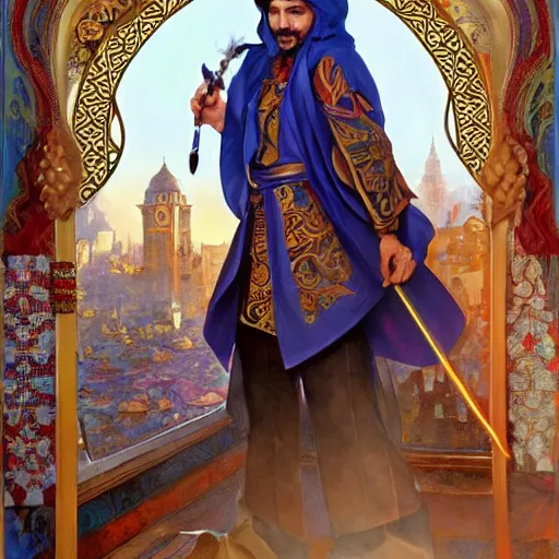 Image similar to charming tailor of middle - eastern descent, dressed in fine colorful robes and jewelry over fantasy armor, goatee, smirking, holding a magic needle, fantasy art by barret frymire by artem priakhin, art by artgerm and greg rutkowski and alphonse mucha, artstation, matte, illustration, intricate, highly - detailed high resolution