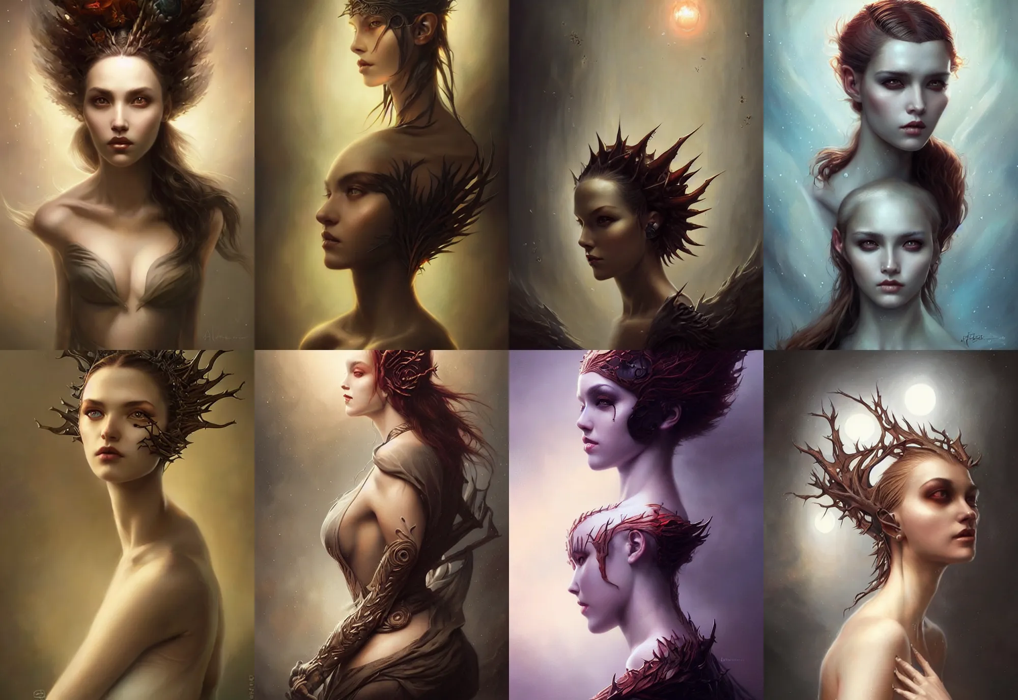 Prompt: a beautiful woman with spines growing from her head, painted by artgerm and tom bagshaw, fantasy art, dramatic lighting, highly detailed oil painting