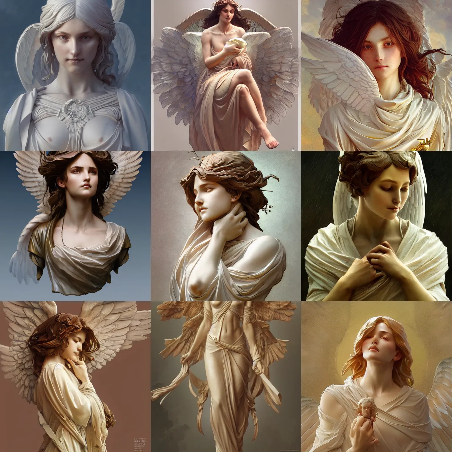 Prompt: Angelic sculpture, highly detailed, digital painting, artstation, smooth, sharp focus, illustration, art by artgerm and greg rutkowski and alphonse mucha