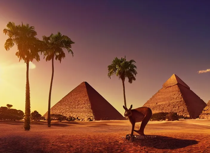 Prompt: a kangaroo sitting outside of an ancient egyptian pyramid, tropical palm trees and eucalyptus trees everywhere, rocky desert cliffs in background, sunset, sunrays, cinematic lighting, ancient egyptian architecture buildings, artstation