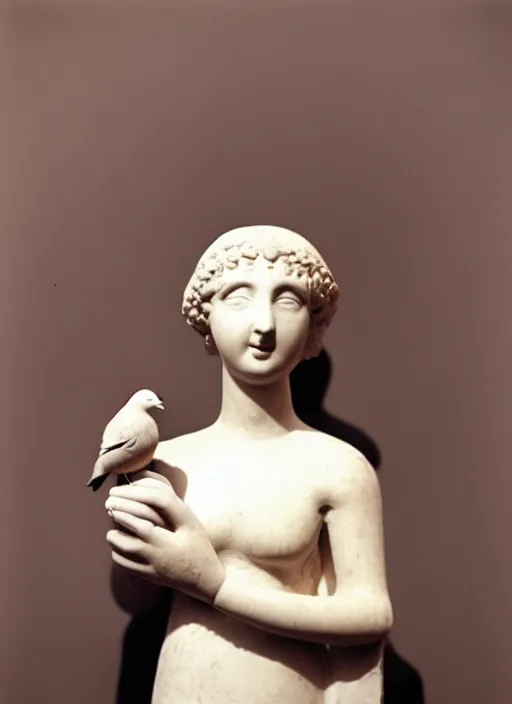 Image similar to realistic photo of a a girl with a pigeons, ancient greek sculpture doll made of white fluffy detailed clay and black brushwood, 1 9 6 0, life magazine photo, natural colors, metropolitan museum, kodak