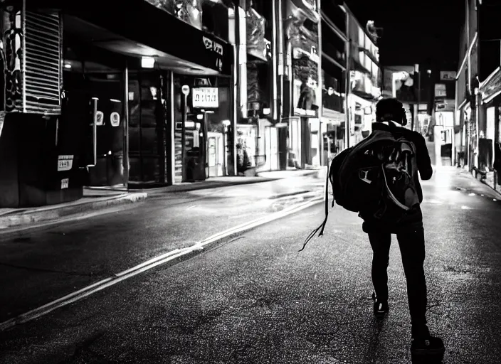 Image similar to photography of a Cat carrying a backpack . in a cyberpunk street. award winning photo, led lighting, night, 24mm, sharp, high res