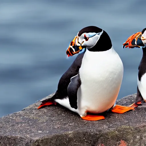 Prompt: a puffin and penguin sitting next to each other, sunset