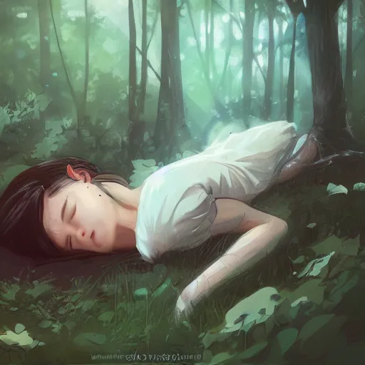 Image similar to a girl sleeping in a forest, she is laying down. in the style of rossdraws, wlop, greg rutkowski, ghibli