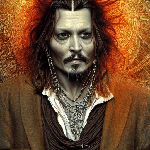 Image similar to photorealistic johnny depp as god in the style of michael whelan and gustave dore. hyperdetailed photorealism, 1 0 8 megapixels, amazing depth, glowing rich colors, powerful imagery, psychedelic overtones, 3 d finalrender, 3 d shading, cinematic lighting, artstation concept art