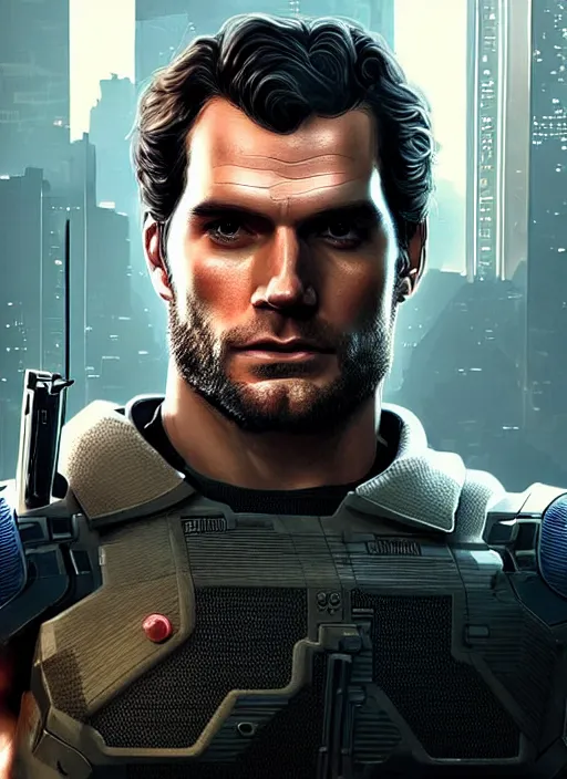 Prompt: portrait of Henry Cavill as a soldier character in Cyberpunk 2077, looking at camera, intricate, elegant, sci-fi, extremely detailed, digital painting, artstation, concept art, smooth, sharp focus, illustration, ambient lighting, incredible art by artgerm and greg rutkowski and alphonse mucha and simon stalenhag