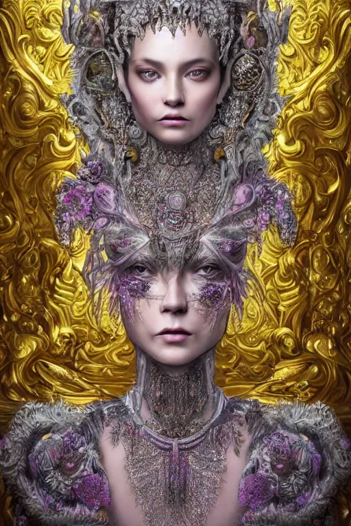 Image similar to hyper-realistic ultra-detailed maximalist and dramatic elegant luxury beautiful young empress portrait by igor goryunov and patricio clarey inspired by andrei riabovitchev and heidi taillefer Rendered by binx.ly 8k. Generative art. Fantastic realism. Scifi feel. Extremely Ornated. Intricate and omnious. Tools used: Blender Cinema4d Houdini3d zbrush. Unreal engine 5 Cinematic. Beautifully lit. No background. artstation. Deviantart. CGsociety.