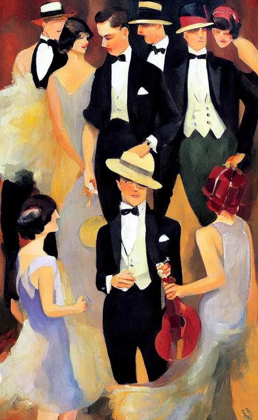 Image similar to A painting of Jazz Age high society, Fitzgerald, people dressed 1920's style, The Great Gatsby, smooth, by Sherree Valentine Daines