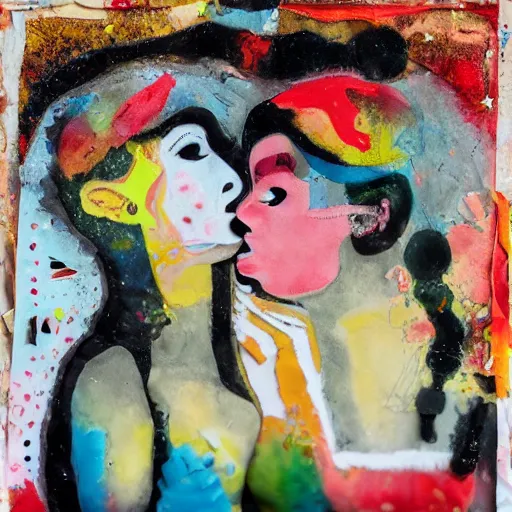 Prompt: two women kissing at a carnival in an alien world, mixed media collage, retro, paper collage, magazine collage, acrylic paint splatters, bauhaus, claymation, layered paper art, sapphic visual poetry expressing the utmost of desires by jackson pollock