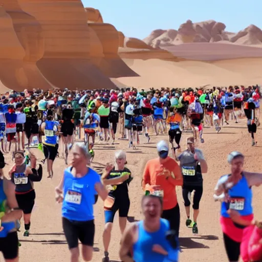Image similar to angela merkel running marathon in sahara, hands in air, screaming and shouting