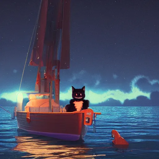 Image similar to a wholesome animation key shot of a black cat! on a boat! close to the shore in the night, medium shot, studio ghibli, pixar and disney animation, sharp, rendered in unreal engine 5, anime key art by greg rutkowski, bloom, dramatic lighting