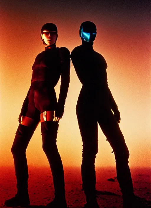 Prompt: cinestill 5 0 d photographic portrait by steve mccurry of two lesbian female androids wearing rugged black mesh techwear on a desolate plain with a red sky, extreme closeup, cyberpunk style, dust storm, 8 k, hd, high resolution, 3 5 mm, f / 3 2, ultra realistic faces, ex machina, blade runner