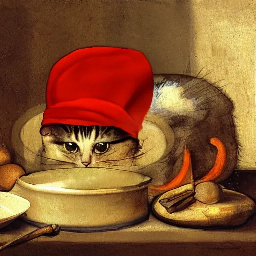 Image similar to the cat in small red hat is making a pot of soup, drawn by Leonardo Da Vinci, oil painting, trending in Artstation, artstationHD, 4k