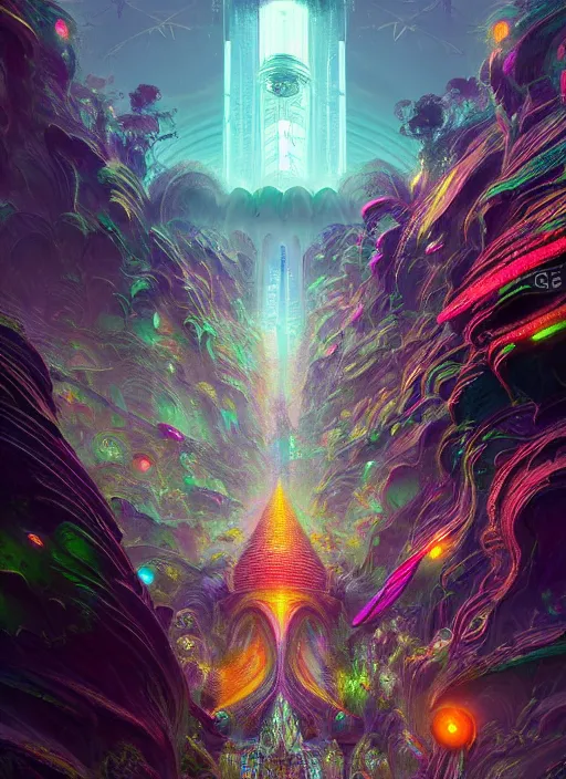 Prompt: hyper detailed ultra sharp of a magicpunk exoticcore overcrowded flying island city trending on artstation, warpaint aesthetic, earthwave, colorful, psychedelic, ornate, intricate, digital painting, concept art, smooth, sharp focus, illustration, art by artgerm and greg rutkowski and h. r. giger, 8 k