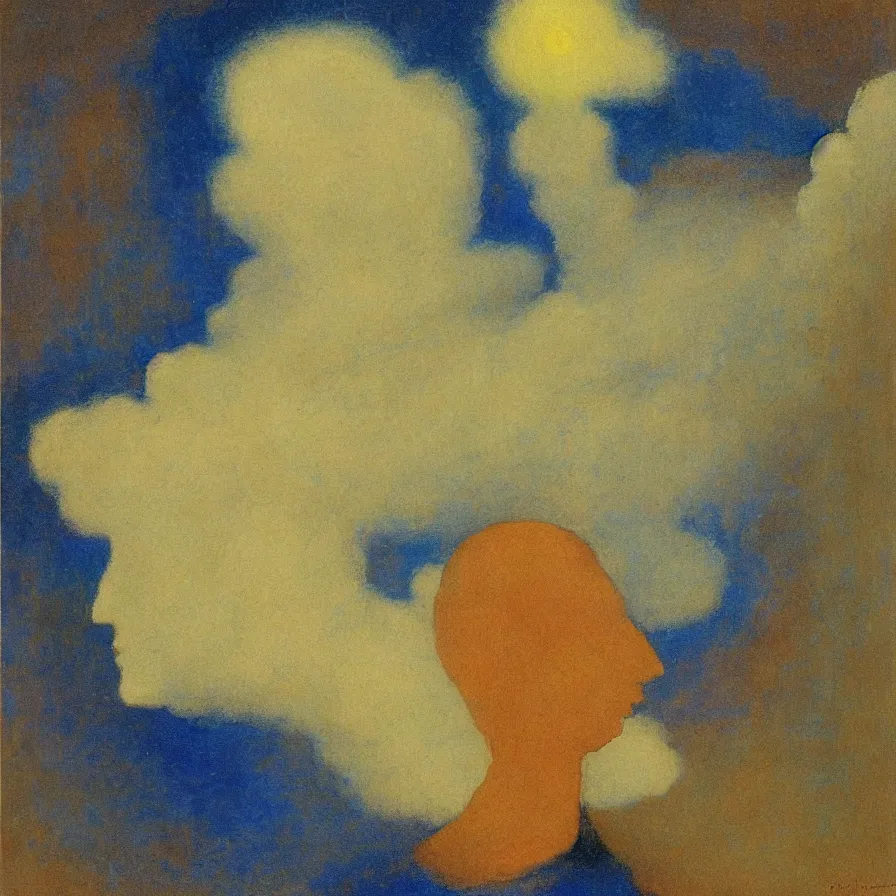 Prompt: surrealim symbolism artwork by odilon redon of a man with a stormy cloud for a head.