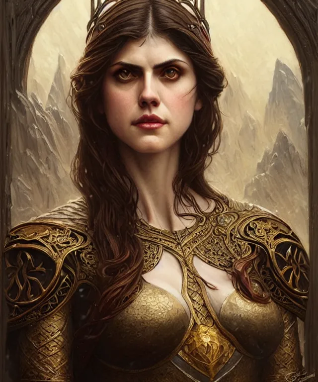 Image similar to Alexandra Daddario Muscular and powerful medieval knight portrait, art nouveau, fantasy, intricate flower designs, elegant, highly detailed, sharp focus, art by Artgerm and Greg Rutkowski