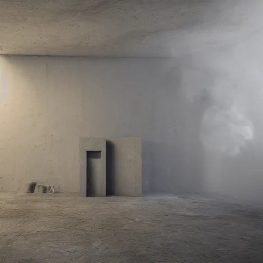 Image similar to smoke geometry carved out of stone, in a brutalist gallery space of concrete, global illumination, octane render, 8 k