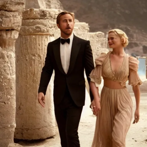 Prompt: still of ryan gosling and margot robbie, in ancient greece