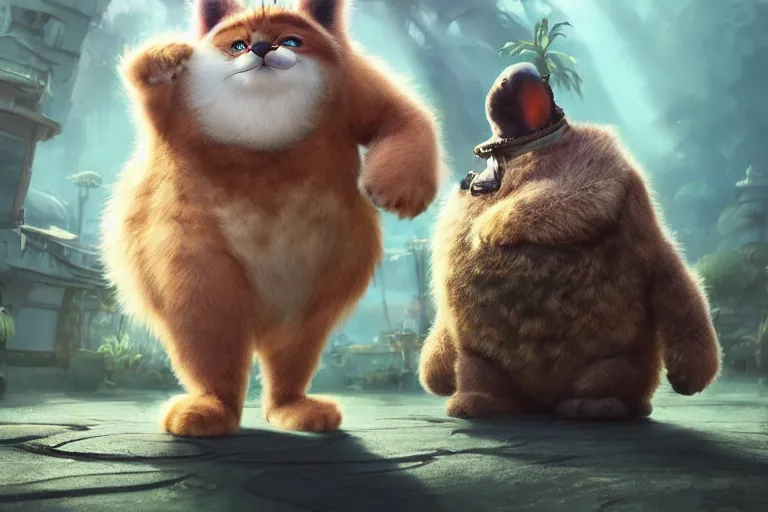 Prompt: The fluffiest little fur creature in the world, hybrid cat bear turtle , fullbody, oil painting, disney, zootopia, Greg Rutkowski, Charlie Bowater, unreal 5, DAZ, hyperrealistic, octane render, RPG portrait, dynamic lighting, fantasy art, beautiful face