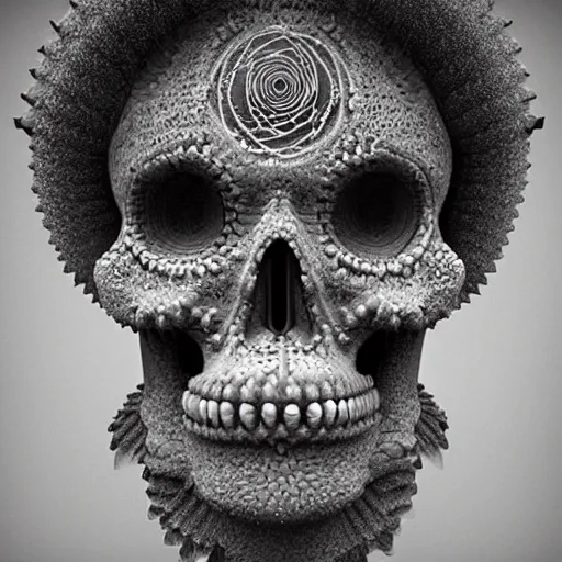 Prompt: fractal skull afro third eye art art by machina infinitum, rendered in octane, mandelbulb 3 d, ambient occlusion, macro photography