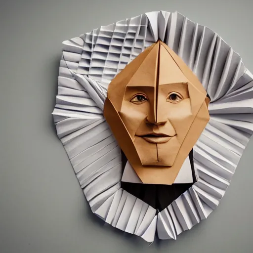 Image similar to an origami portrait of a caucasian man with wavey short hair, made from paper, friedly smile, raised eyebrows, great composition, ambient light