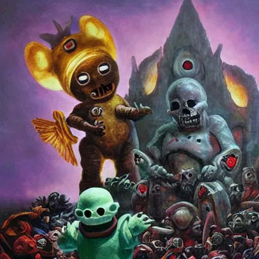 Image similar to teletubby perched atop a throne of skulls, epic dark fantasy oil painting, dimly lit masterpiece, disturbing and evil