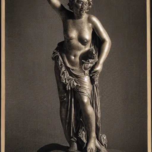 Image similar to studio portrait, a roman revival black marble statue of a screaming roman woman with her face and torso covered in an intricate golden fishing net