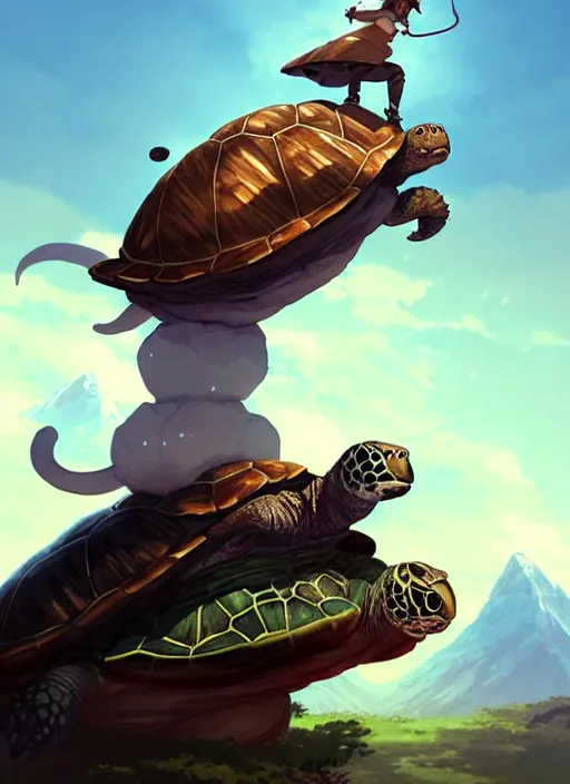 Prompt: character portrait of The tallest mountain topped by a cat riding a gigantic turtle, with another cat riding a large turtle atop the mountain. By Greg Rutkowski. cute beautiful attractive detailed. Character design by charlie bowater, ross tran, artgerm, and makoto shinkai, detailed, inked, western comic book art