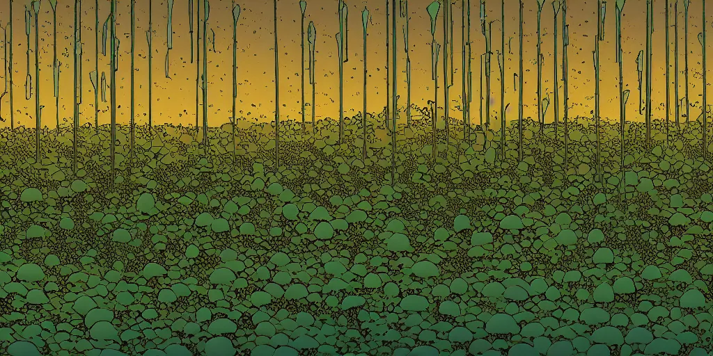 Image similar to Artwork of the Cinematic view of a diatoms forest by Hergé, Trending on artstation