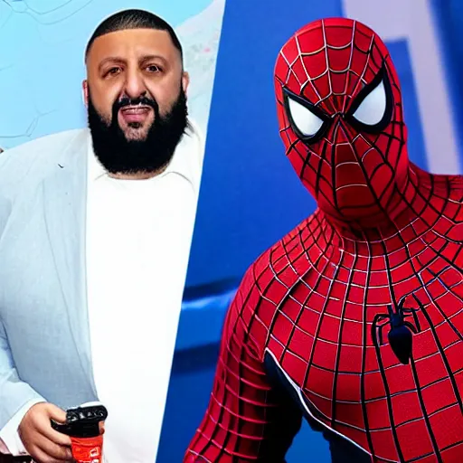 Prompt: DJ Khaled as morbidly obese Spiderman, MCU set photo, live-action adaptation, photograph